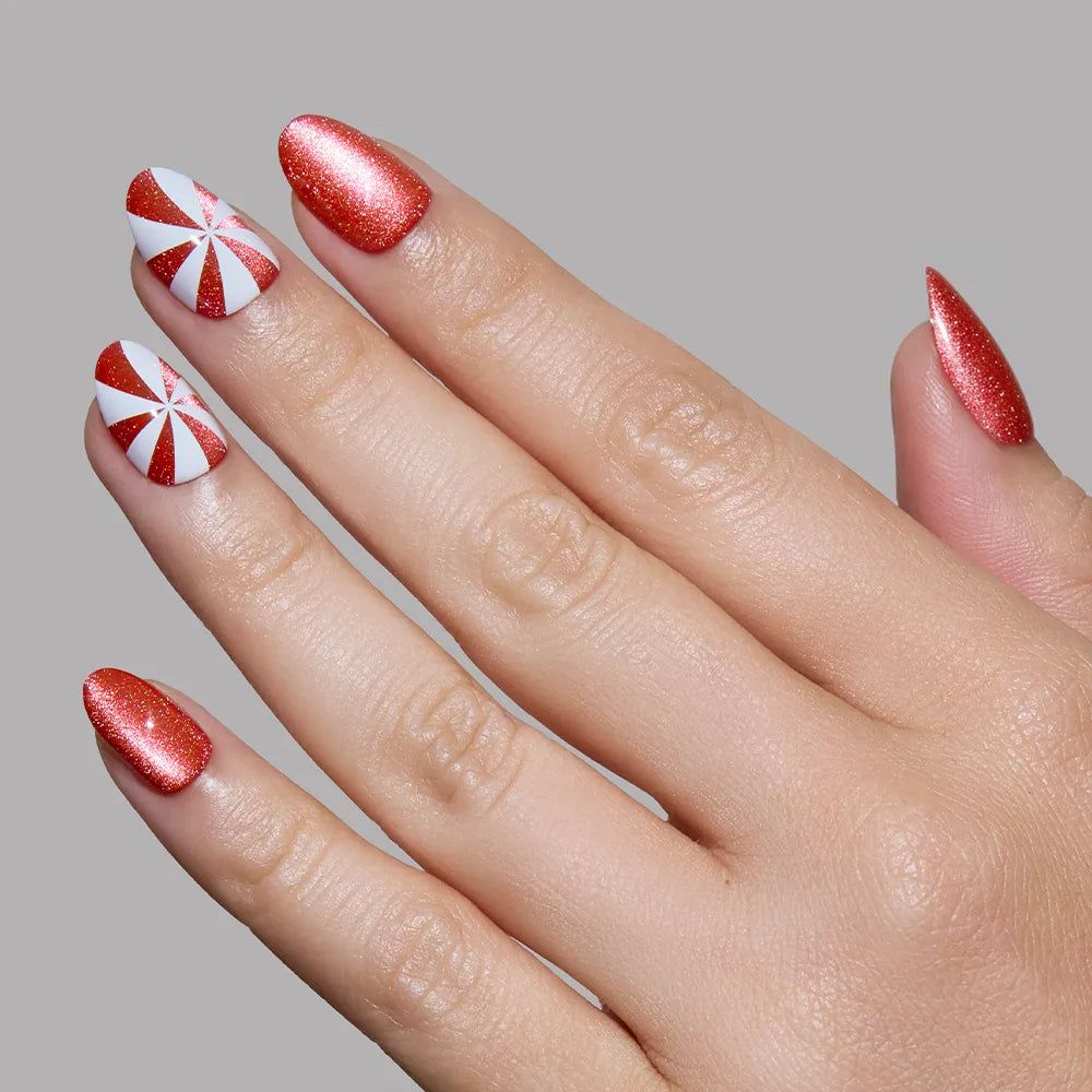 Bright Red Candy Cane Stripe Shimmer — Holiday Nail Colors 2026