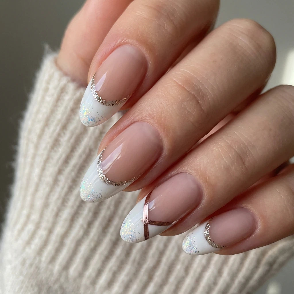 White Glitter Tips With Rose Gold Line White Glitter Tips With Rose Gold Line — New Years French Tip Nails 2027