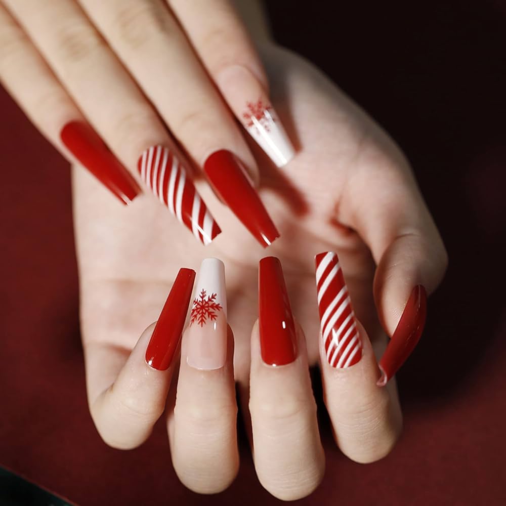Bright Red White Stripe Sheer Nude Coffin Nails Bright Red White Stripe Sheer Nude Coffin Nails — Christmas Coffin Nails 2026