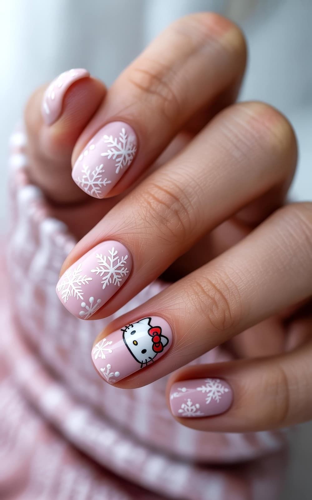 Pale Pink Hello Kitty Snowflake Nails — Hello Kitty Christmas Nails 2026