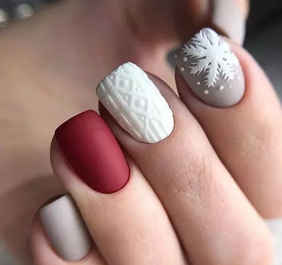 Matte Red Cable Knit Snowflakes Matte Red Cable Knit Snowflakes — Easy Christmas Nails 2026