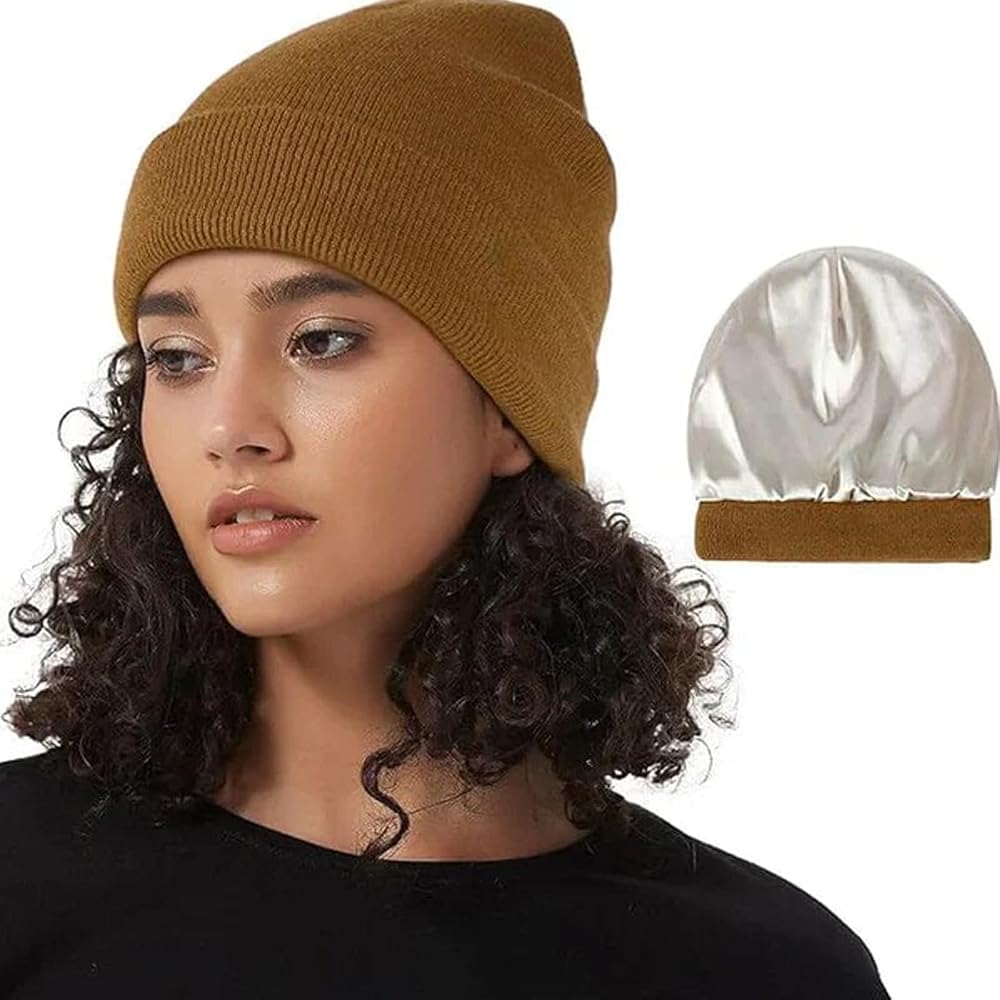 Collarbone Curly Dark Brown With Brown Beanie — Winter Hat Hairstyles