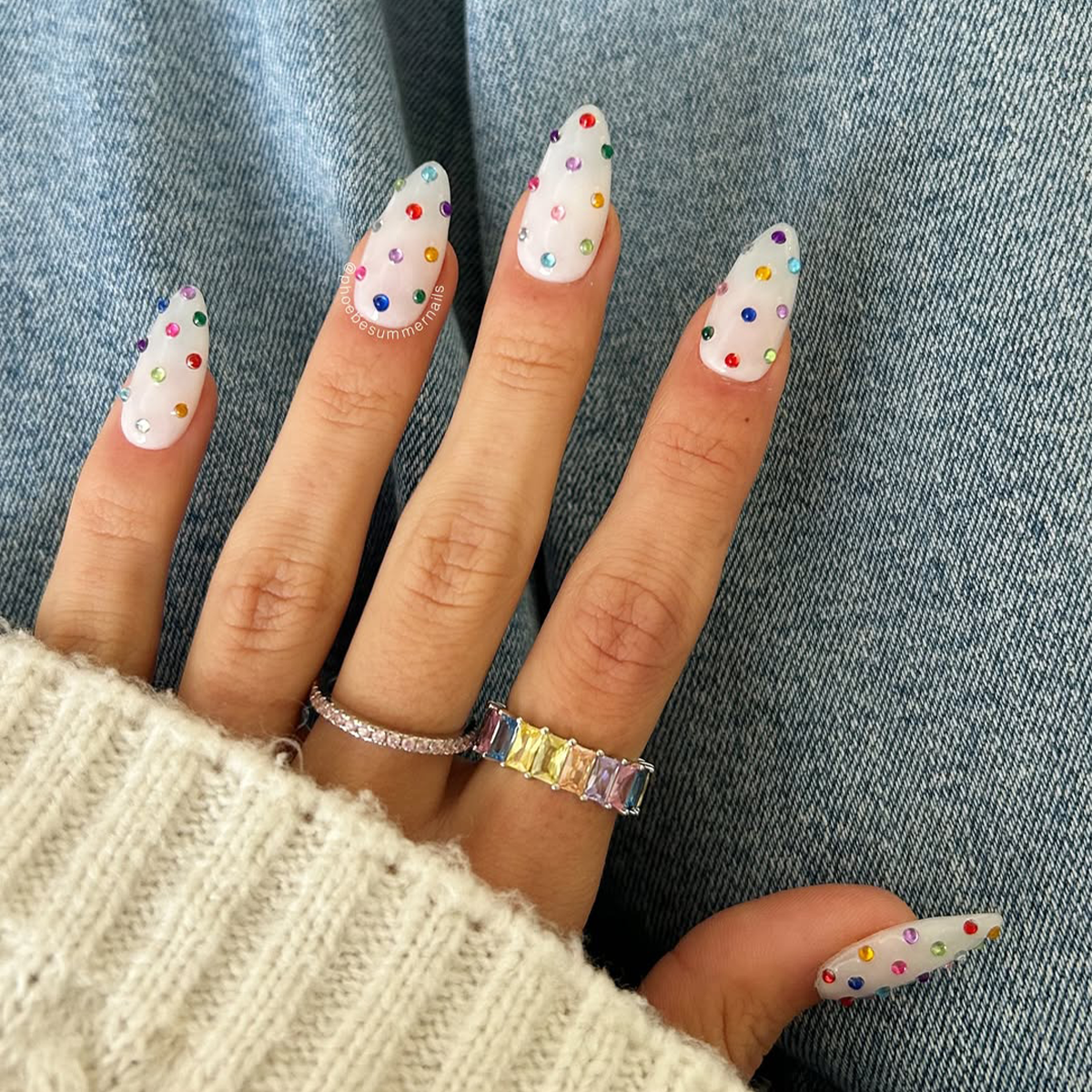 Multicolor Glitter Dot Stiletto Nails Multicolor Glitter Dot Stiletto Nails — Holiday Party Nails 2026