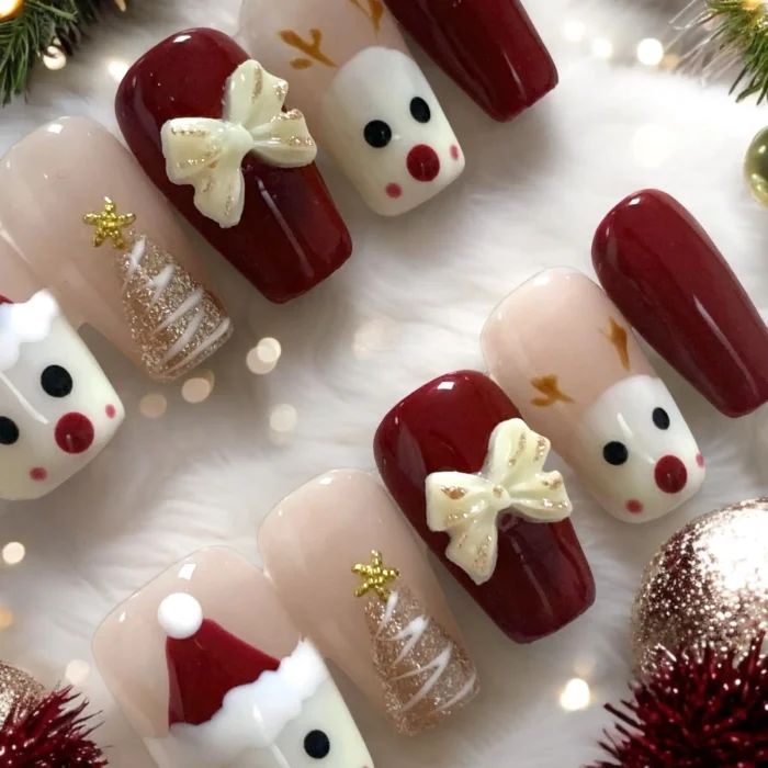 3D Christmas Bows Glitter Trees 3D Christmas Bows Glitter Trees — Short Christmas Coffin Nails 2026