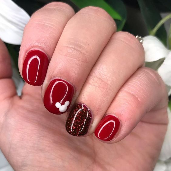 Vibrant Red with Mickey Head Accent Vibrant Red with Mickey Head Accent — Disney Christmas Nails 2026