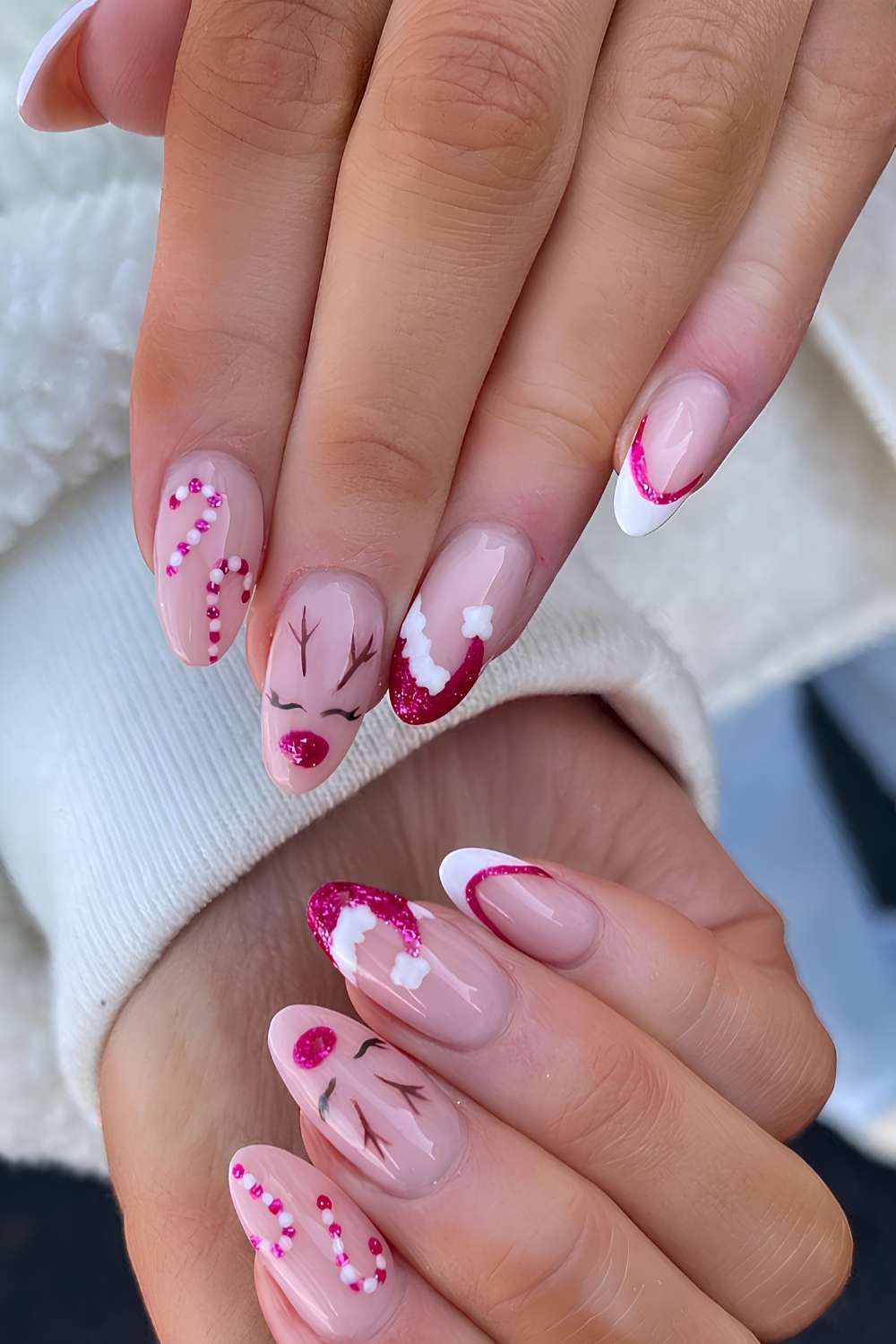 Sheer Pink Reindeer French Tip Nails Sheer Pink Reindeer French Tip Nails — Christmas Acrylic Nails 2026