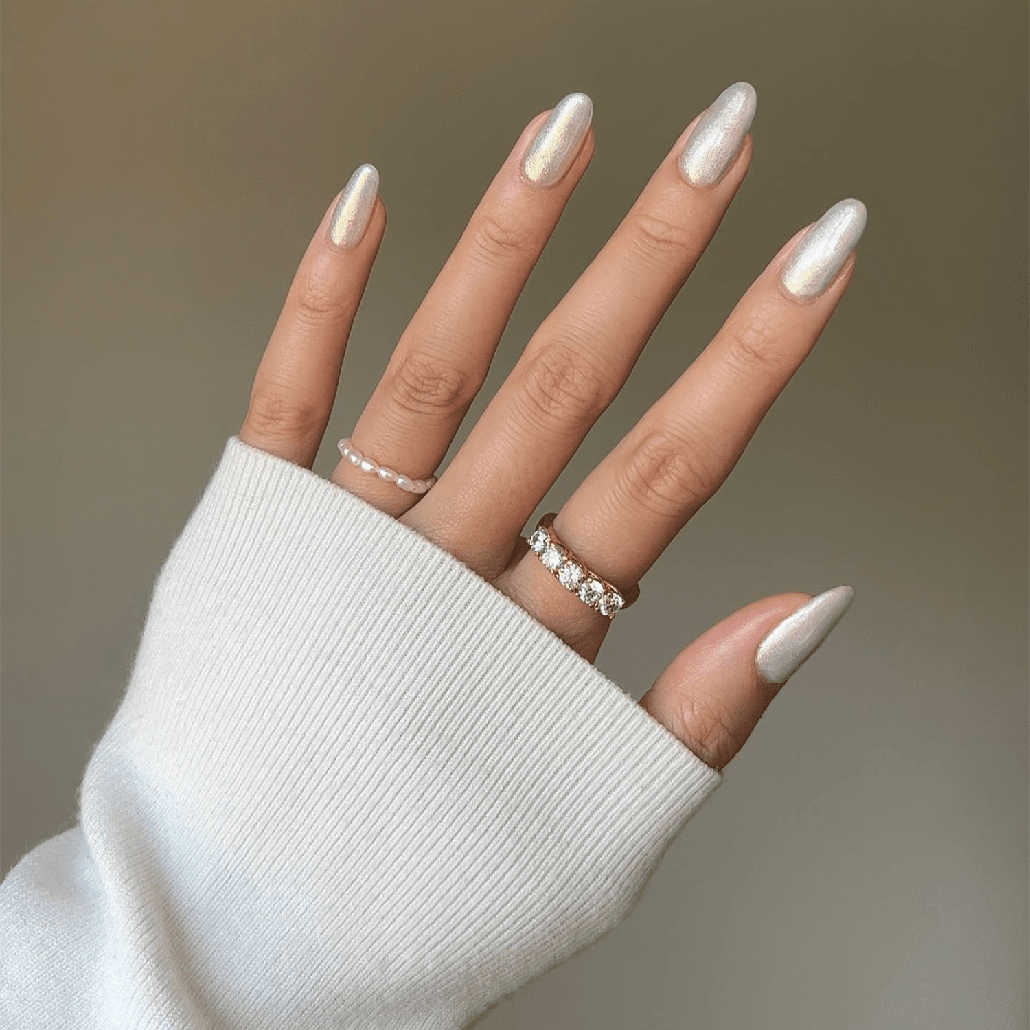 Pearlescent White Shimmer Almond Nails Pearlescent White Shimmer Almond Nails — Winter Work Nails