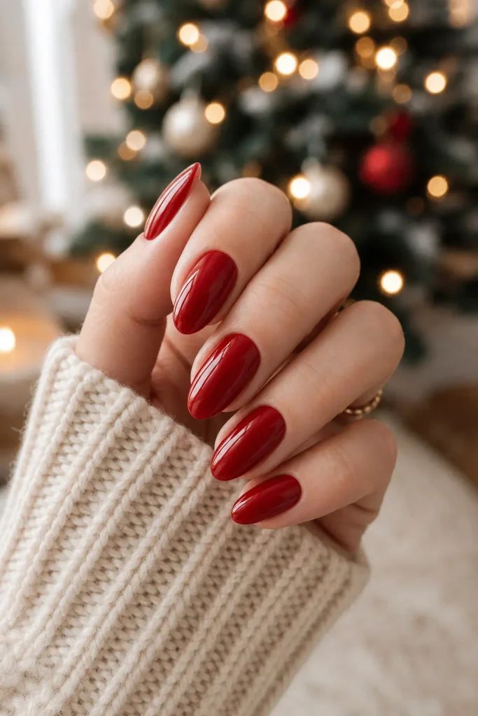 Vibrant Glossy Red Oval Nails Vibrant Glossy Red Oval Nails — Red Christmas Nails 2026
