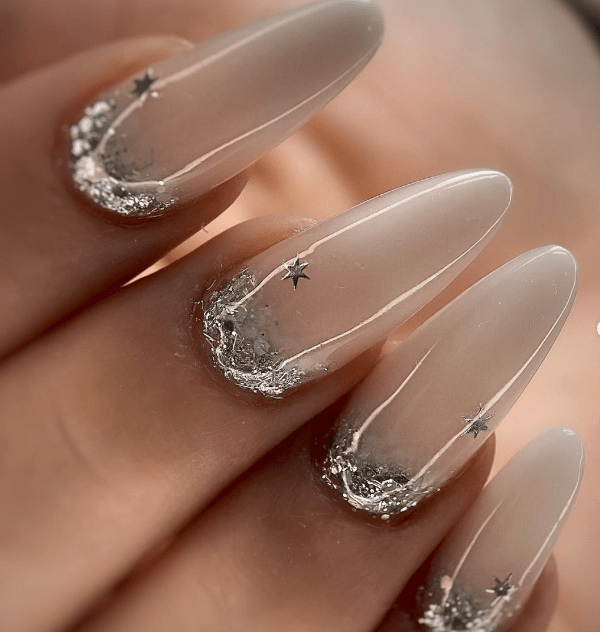 Sheer Nude Glitter Cuticle Almond Nails Sheer Nude Glitter Cuticle Almond Nails — Long Winter Almond Nails