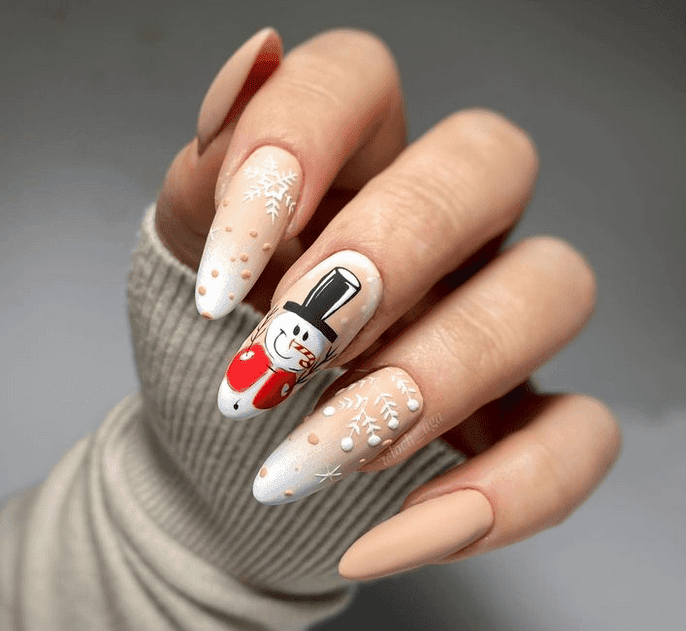 Snowman Gradient Matte Glossy Almonds Snowman Gradient Matte Glossy Almonds — Christmas Nails for Teens 2026