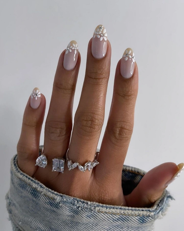 Almond French Tips with White Floral Art Almond French Tips with White Floral Art — Winter Wedding Nails