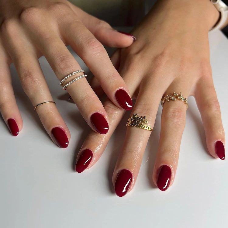 Deep Opaque Burgundy Glossy Deep Opaque Burgundy Glossy — Medium Winter Almond Nails