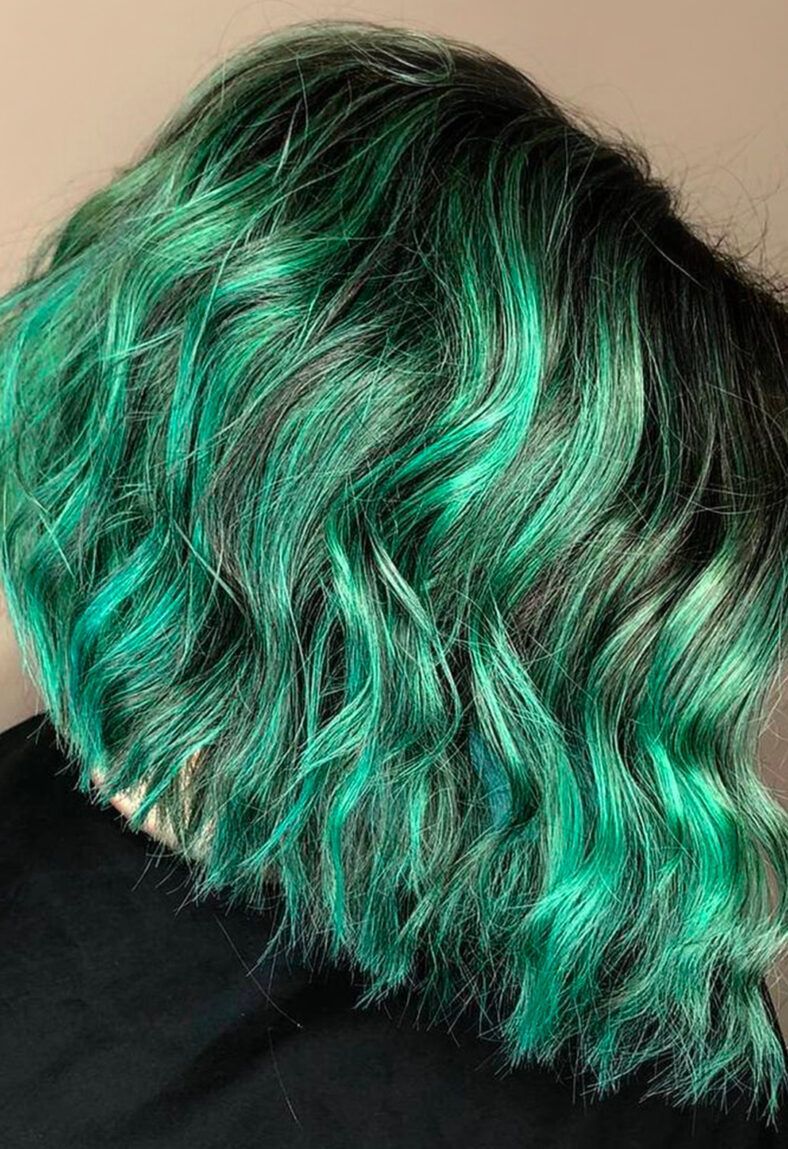 Vibrant Green With Dark Roots Visual Idea — Winter Hair Colors for Short Hair