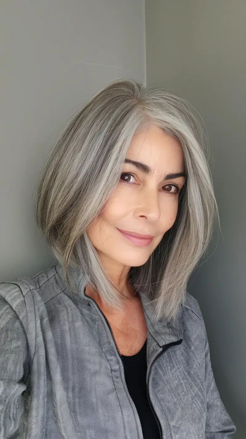 Collarbone Angled Lob With Silver Grey — Winter Haircuts for Oval Faces