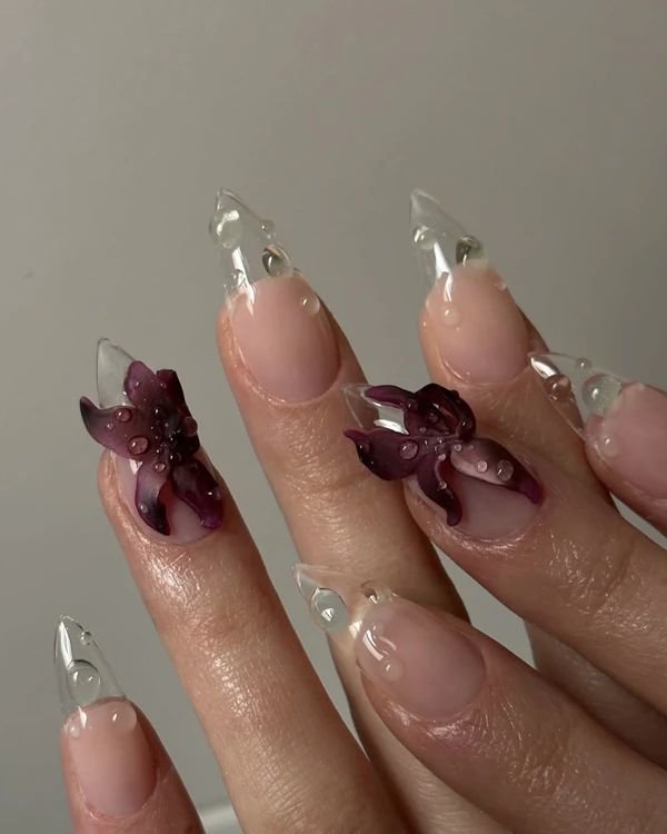 3D Floral Water Droplet Almond Nails — New Years Acrylic Nails 2027