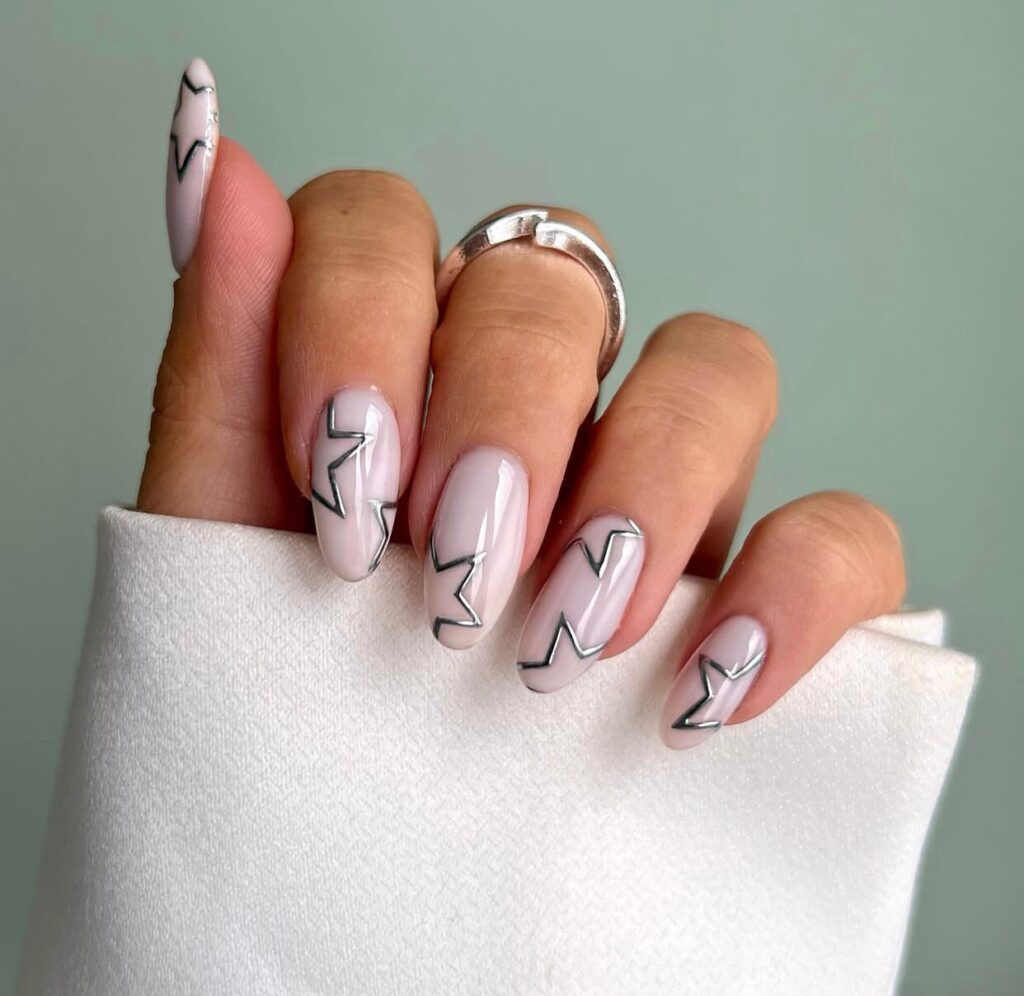 Pale Pink with Geometric Silver Lines Pale Pink with Geometric Silver Lines — Easy New Years Nails 2027