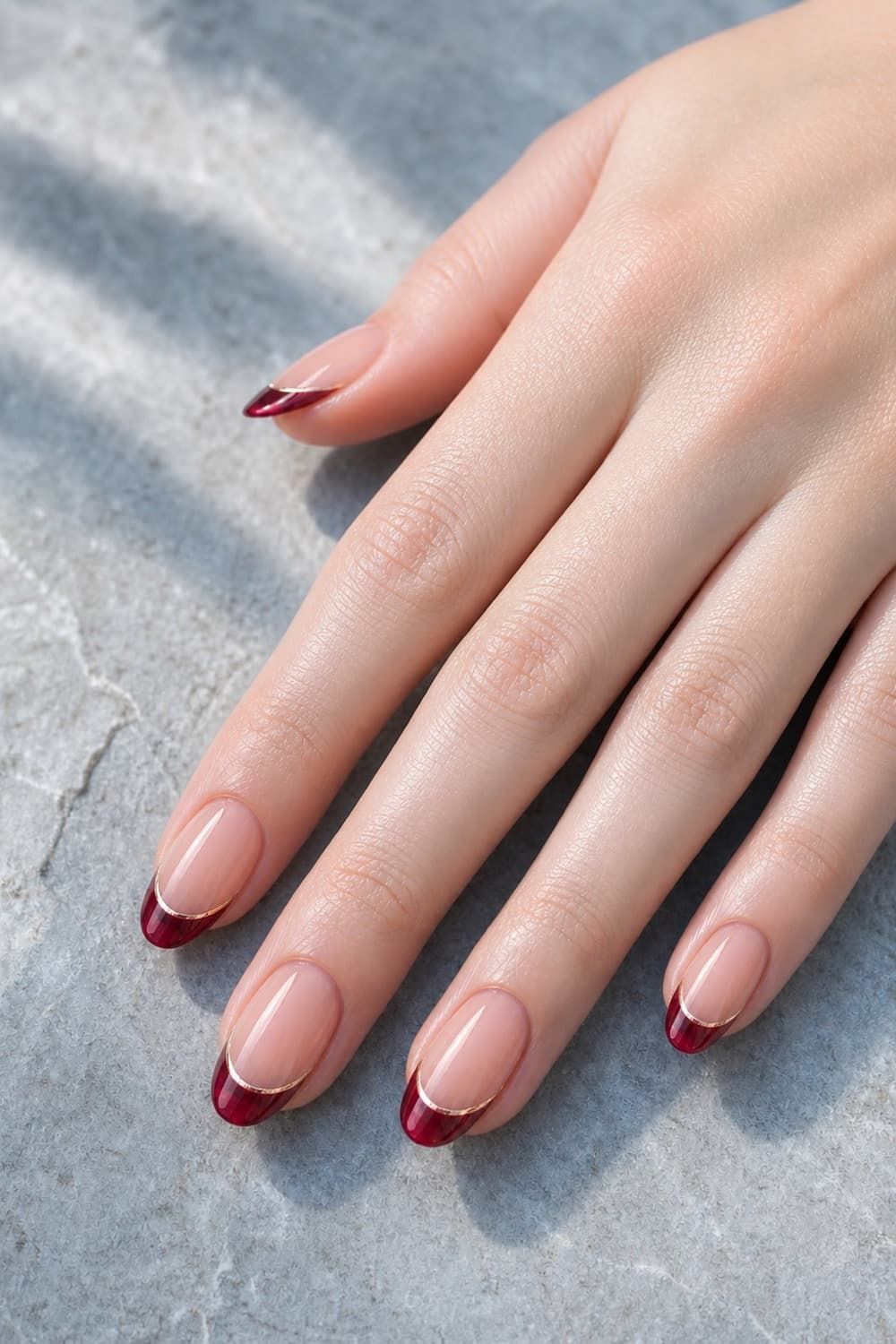 Gold Line Burgundy French Short Nails Gold Line Burgundy French Short Nails — Classy Christmas Nails 2026