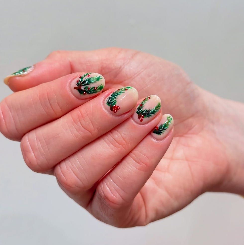 Glossy Short Oval Nude with Delicate Holly — Green Christmas Nails 2026