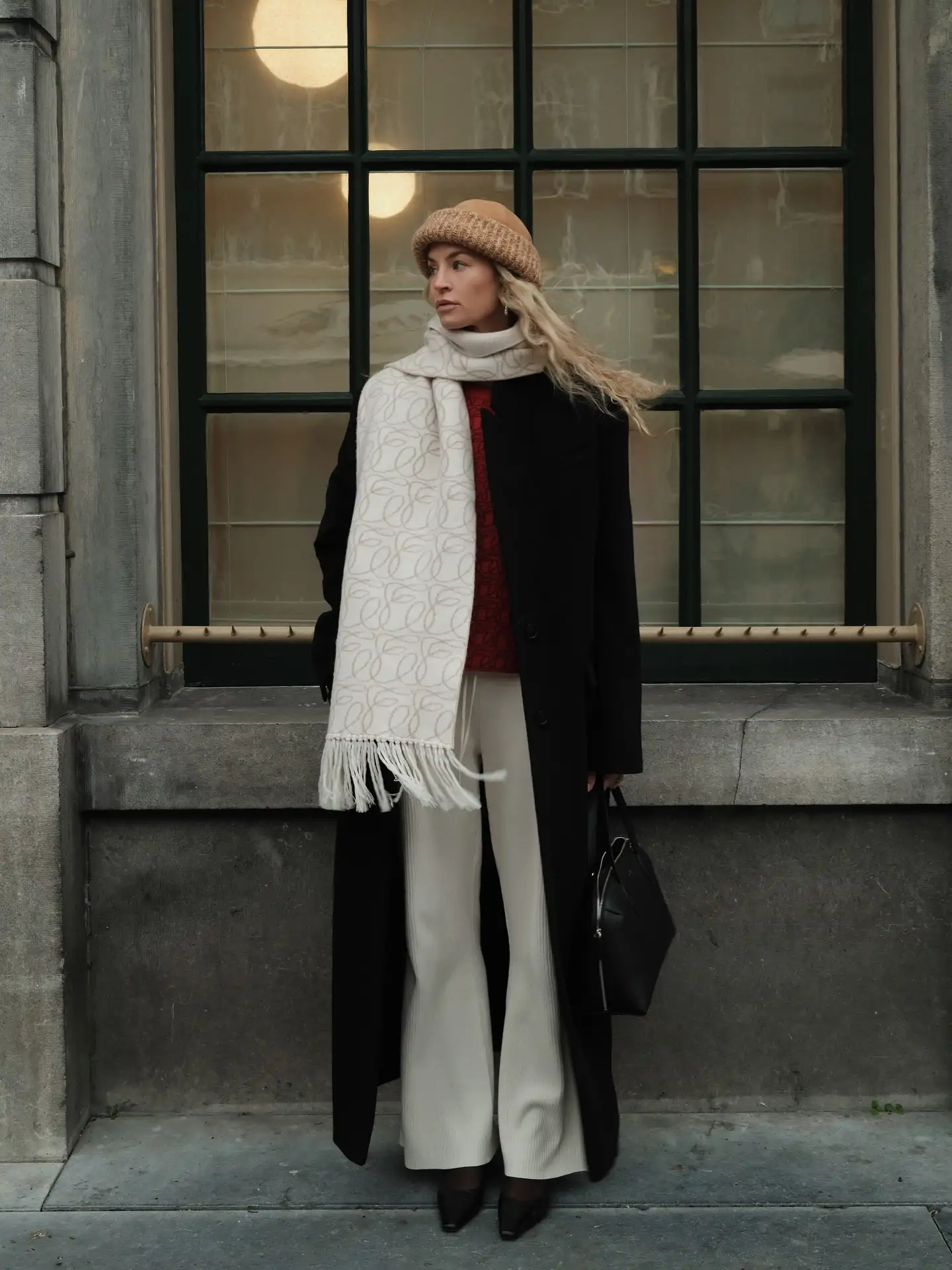 Bold Red Sweater with Cream Pants for a Winter Outing — January Outfits