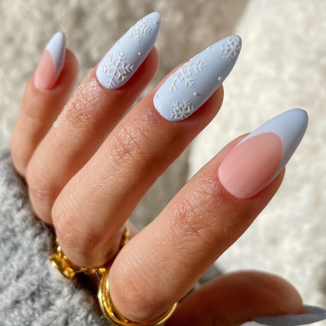 Matte Blue Embossed Snowflake French Nails Matte Blue Embossed Snowflake French Nails — Cute Christmas Nails 2026