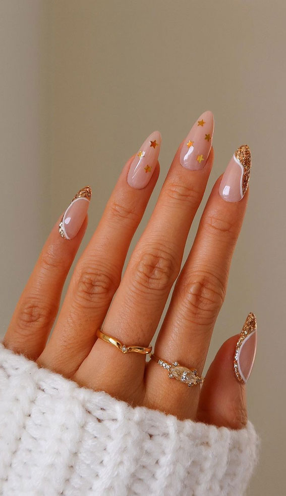 Gold Stars & Glitter French Almond Nails Gold Stars & Glitter French Almond Nails — NYE Nails 2027