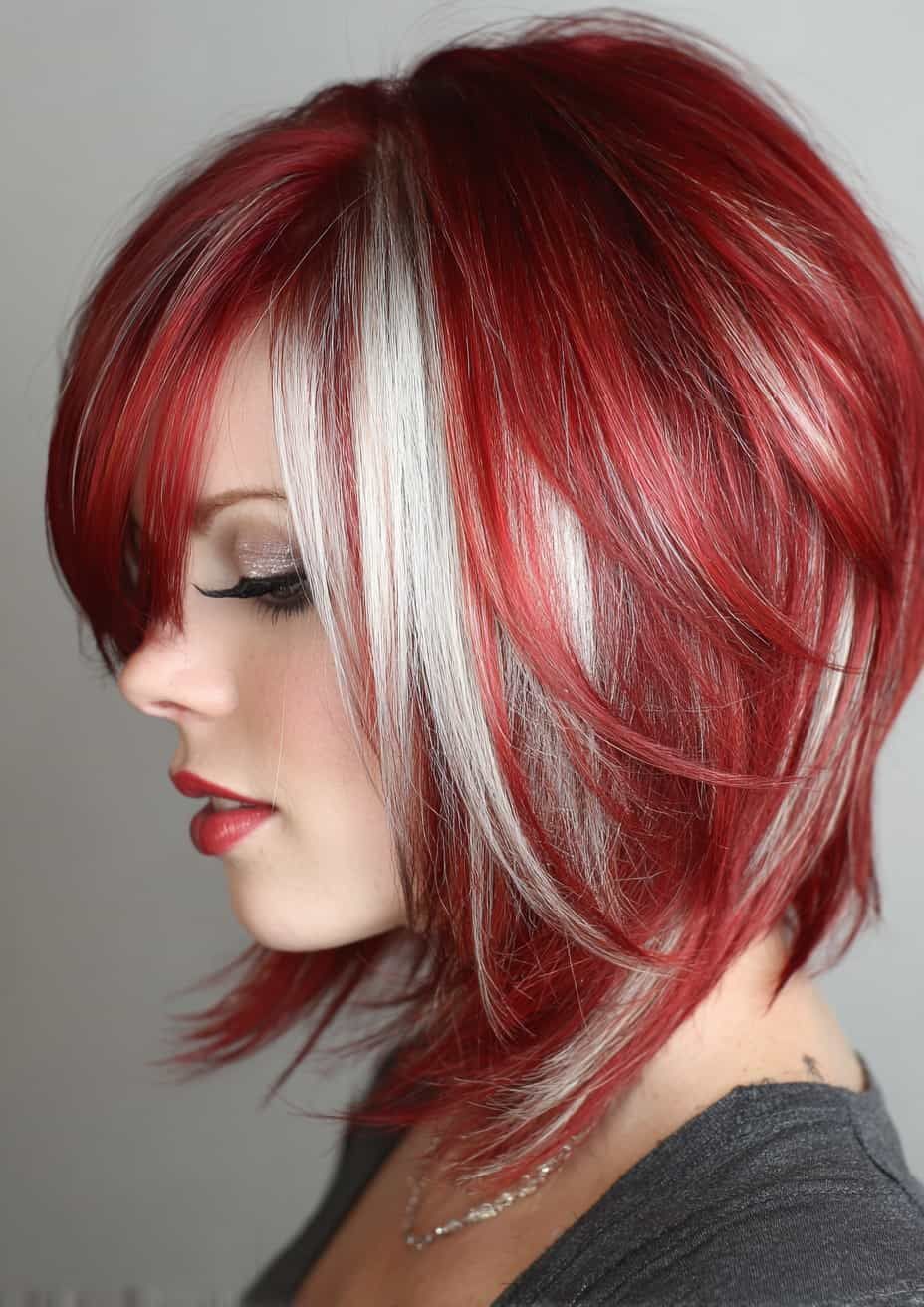 Angled Bob With Red & Blonde Streaks Angled Bob With Red & Blonde Streaks — Winter Haircuts with Curtain Bangs