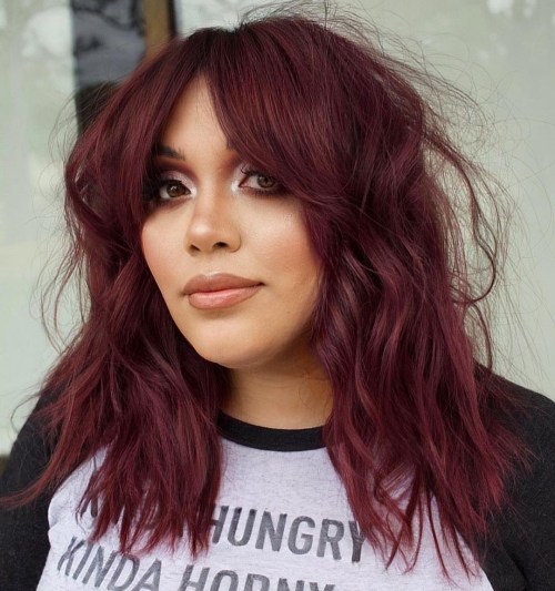 Deep Wine Red Shag With Curtain Bangs Deep Wine Red Shag With Curtain Bangs — Dark Winter Hair Colors