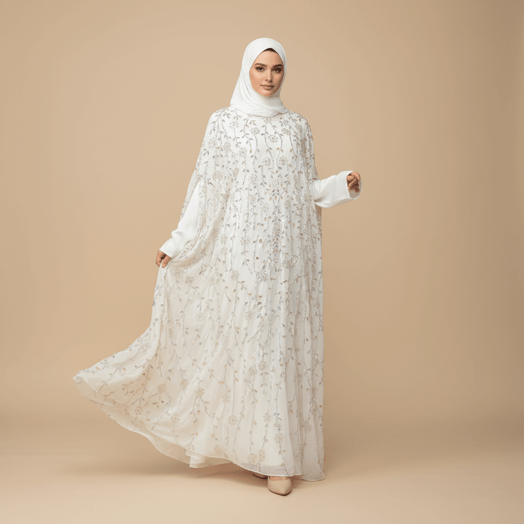 Flowing White Abaya with Embellished Cape Flowing White Abaya with Embellished Cape — Modest Winter Outfits
