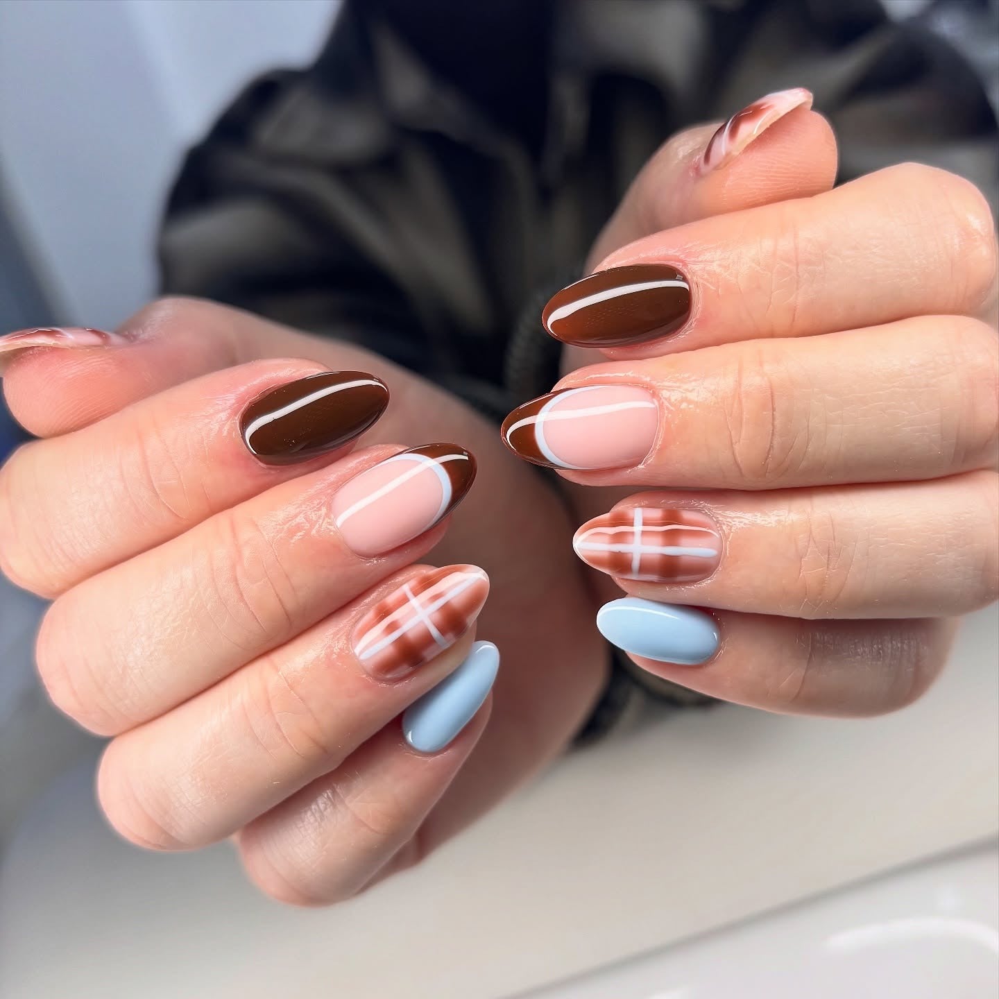 Plaid Stripes Light Blue Pink Short Oval Nails Plaid Stripes Light Blue Pink Short Oval Nails — Classy Short Winter Nails