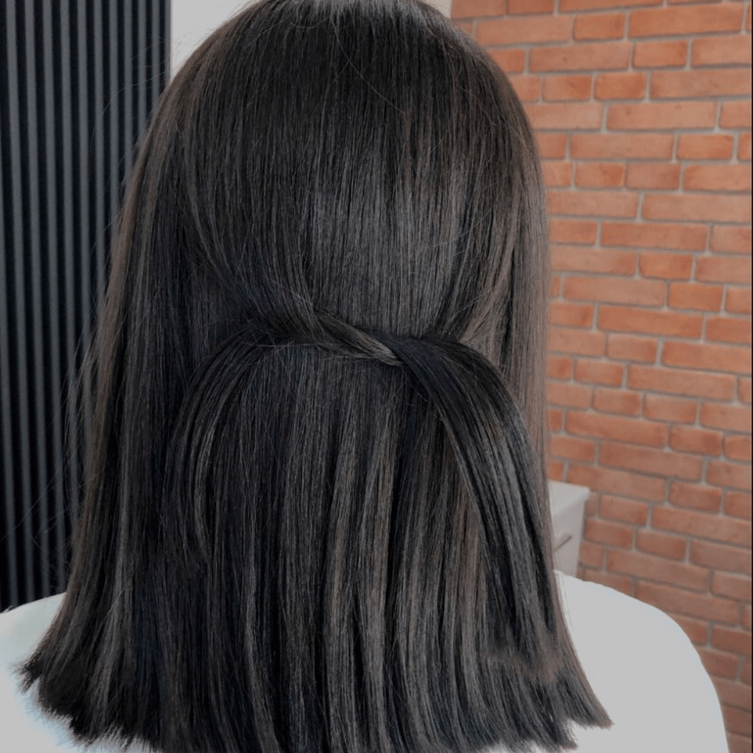Collarbone Lob With Half-Up Twist Collarbone Lob With Half-Up Twist — Dark Chocolate Brown Hair