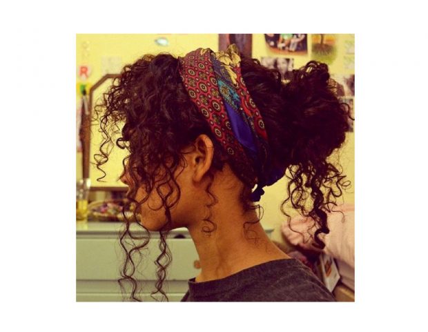 Curly Hair Messy Bun with Scarf Curly Hair Messy Bun with Scarf — Winter Hairstyles with Scarf
