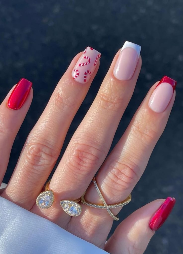 Candy Cane Pattern Square Almond Nails Candy Cane Pattern Square Almond Nails — Holiday Party Nails 2026