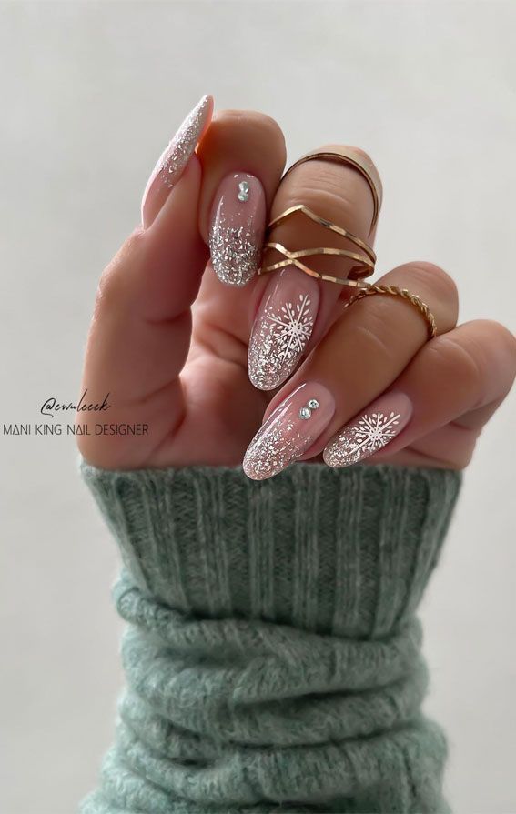 Silver Glitter Gradient Snowflake Almond Nails — New Years Almond Nails 2027