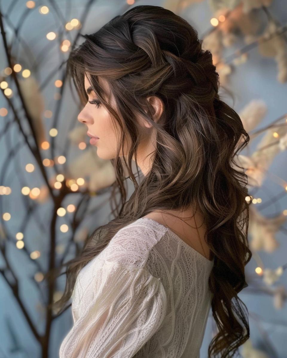 Dark Brown Side-Swept Bangs with Twists Dark Brown Side-Swept Bangs with Twists — Winter Half Up Half Down Hairstyles