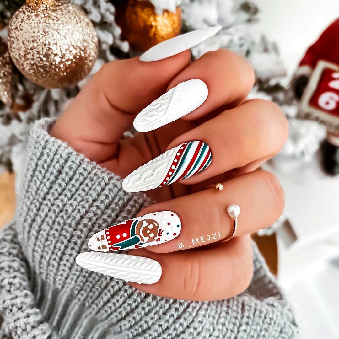 Glossy White Snowman Sweater French Almonds Glossy White Snowman Sweater French Almonds — Christmas Almond Nails 2026