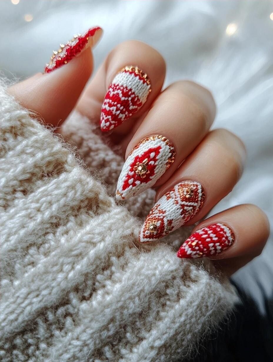 Long Stiletto Fair Isle Knit Nails Long Stiletto Fair Isle Knit Nails — Red Christmas Nails 2026