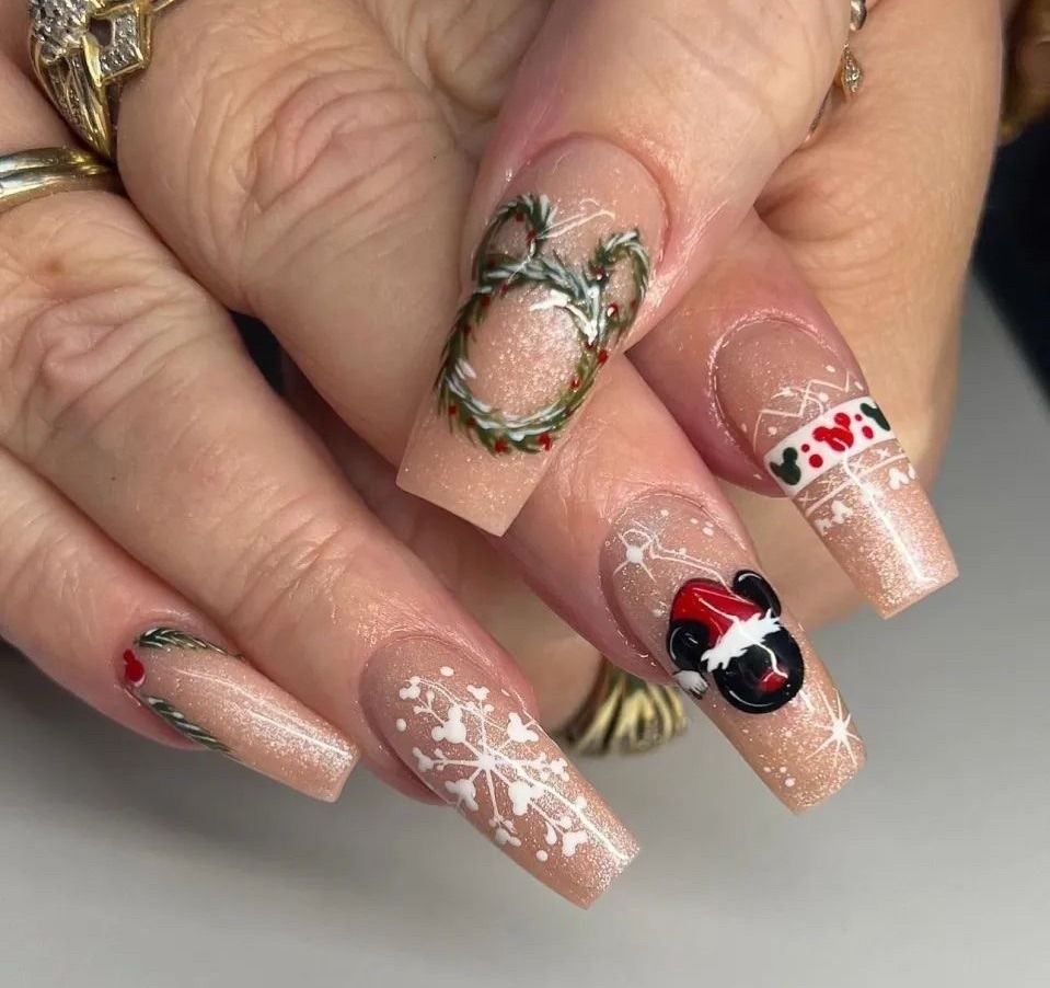 Long Coffin Nude with Festive Accents Long Coffin Nude with Festive Accents — Disney Christmas Nails 2026