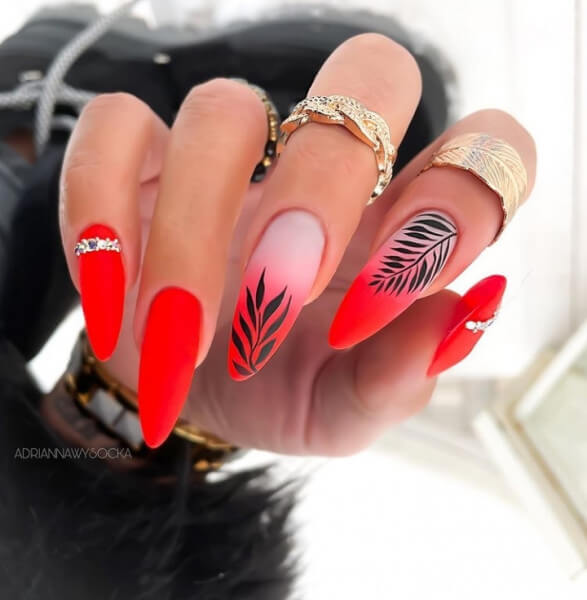Matte Red to Pink Ombre with Tropical Leaves Matte Red to Pink Ombre with Tropical Leaves — Cherry Red Nails