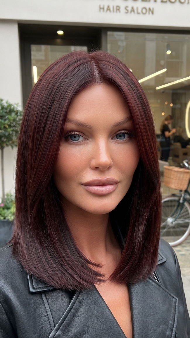 Dark Cherry Cola With Curtain Bangs Dark Cherry Cola With Curtain Bangs — Cherry Cola Hair Color