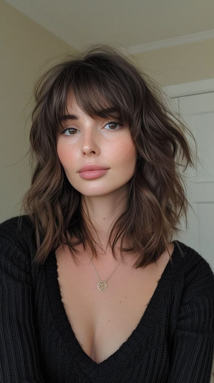 Textured Shag With Choppy Bangs Textured Shag With Choppy Bangs — Winter Brown Hair Colors