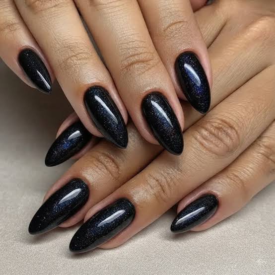 Deep Black Stilettos with Subtle Shimmer Deep Black Stilettos with Subtle Shimmer — New Years Stiletto Nails 2027