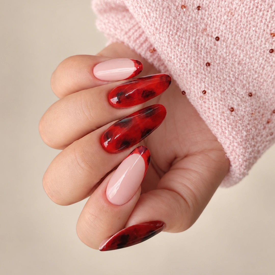 Glossy Red and Black Swirl French Medium Oval Nails Glossy Red and Black Swirl French Medium Oval Nails — Black Cherry Nails