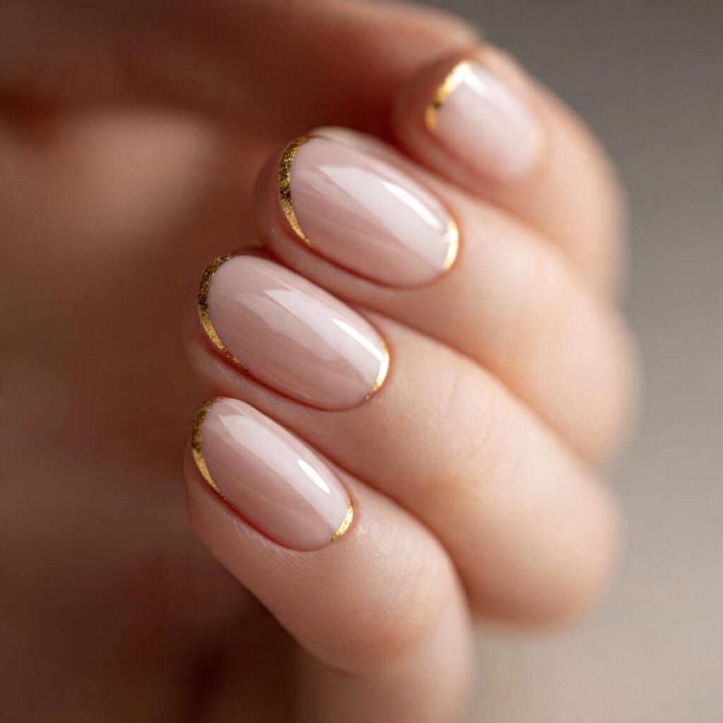 Nude Base with Gold Foil French Tips Nude Base with Gold Foil French Tips — Christmas Oval Nails 2026
