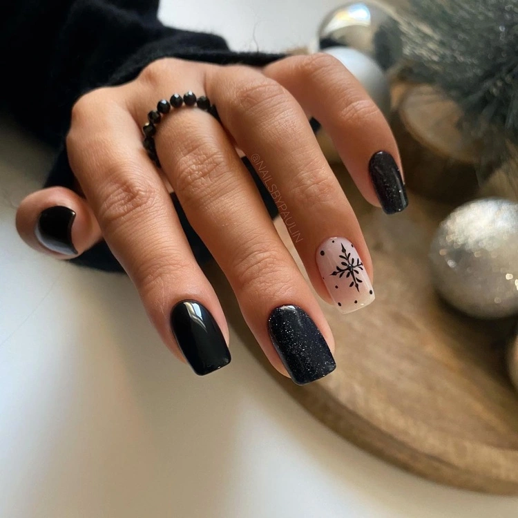 Short Square Black with Nude Accent Snowflake Short Square Black with Nude Accent Snowflake — Snowflake Nails