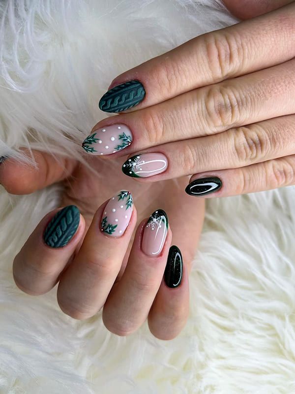 Matte Green Cable Knit Almonds Matte Green Cable Knit Almonds — Short Christmas Almond Nails 2026