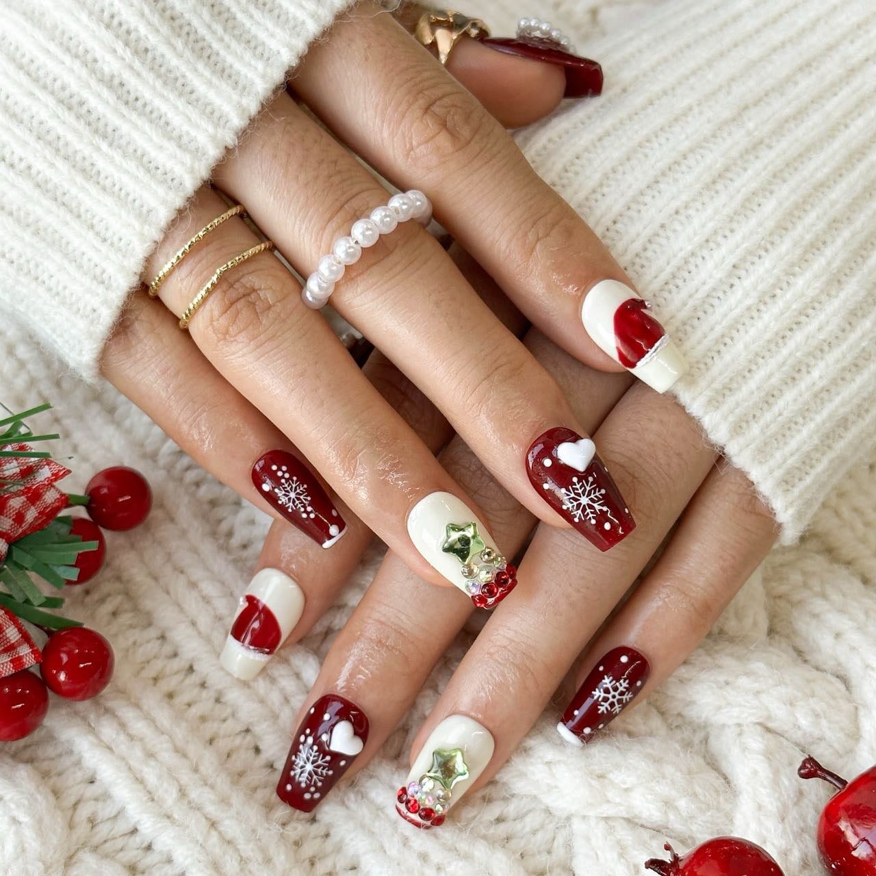 Red White Green Festive Motif Square Nails Red White Green Festive Motif Square Nails — Cherry Red Christmas Nails 2026