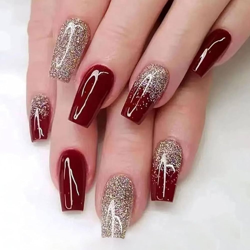 Burgundy and Gold Glitter Coffin Nails Burgundy and Gold Glitter Coffin Nails — Burgundy Nails