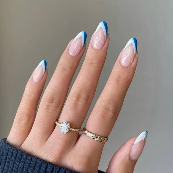 Blue and White V-French Tips Blue and White V-French Tips — New Years Stiletto Nails 2027