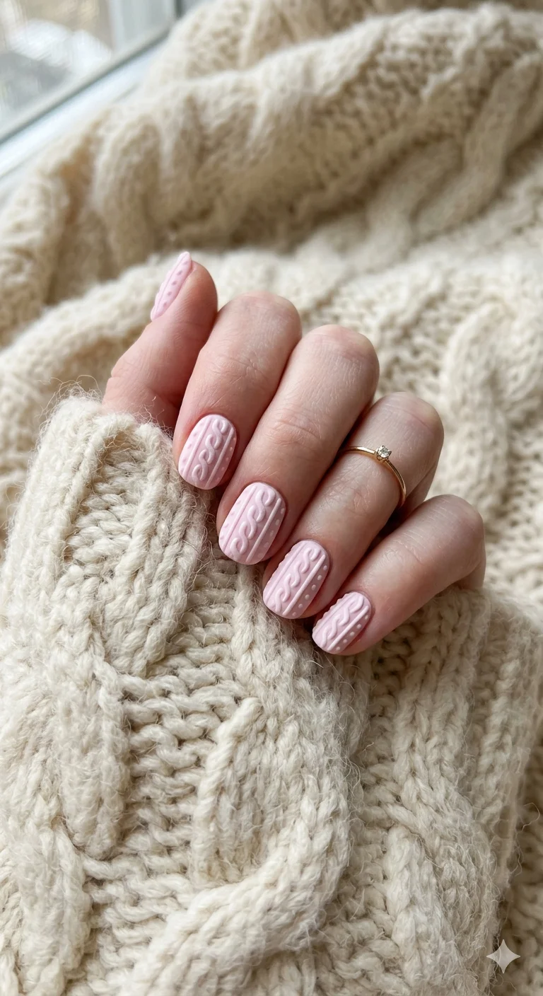 Matte Pale Pink Cable Knit Texture Nails Matte Pale Pink Cable Knit Texture Nails — Cozy Winter Nails