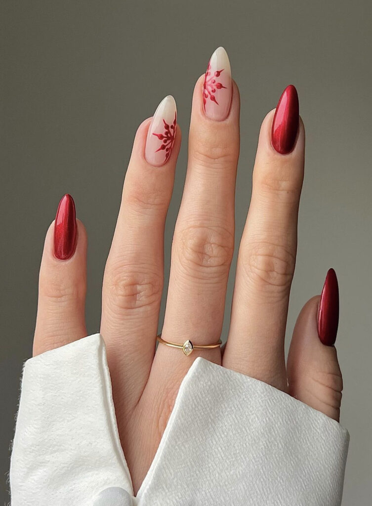 Bold Red Stilettos with Shimmering Snowflake Art Bold Red Stilettos with Shimmering Snowflake Art — Winter Nail Art Simple